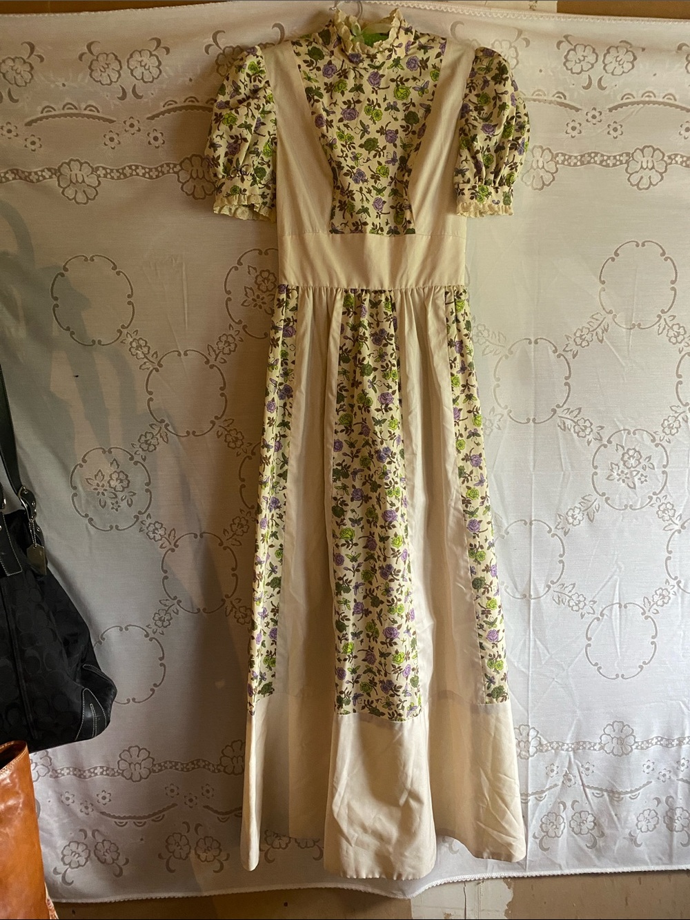 Vintage Cream Maxi Dress with Purple & Green Floral Panels